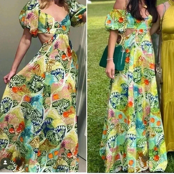 STAUD Coliseum Off-The-Shoulder Linen Tropical Print Dress Size 8 - Picture 6 of 16